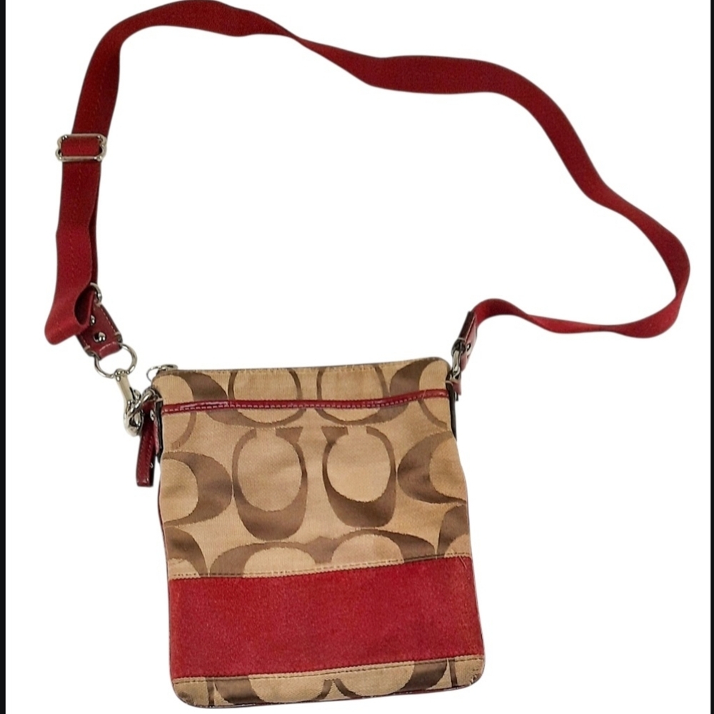 Coach Beige Signature Crossbody with Red Trim